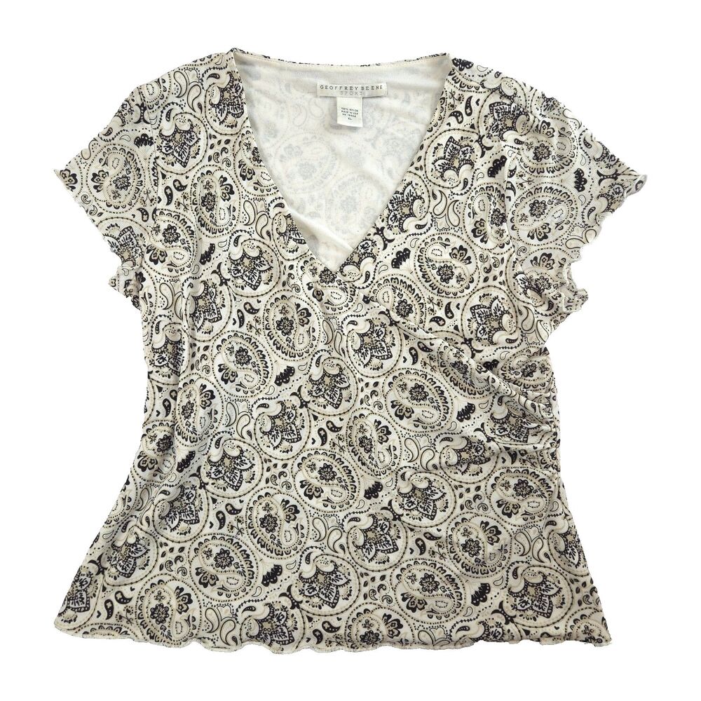 VTG Geoffrey Beene Sport Ruffle Ruched Mesh Top Paisley XL USA Boho Cottage